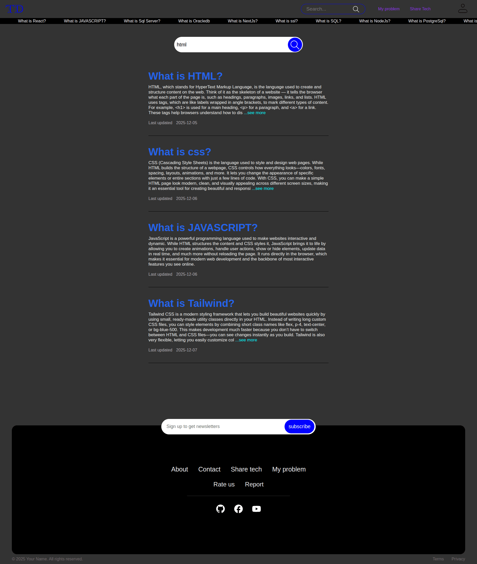 Topics search page of a blog website, fully responsive
and SEO-friendly. When a user searches for a topic, 
the query is sent to the backend, which searches the 
database for related keywords using an advanced 
algorithm and returns the results to the frontend.