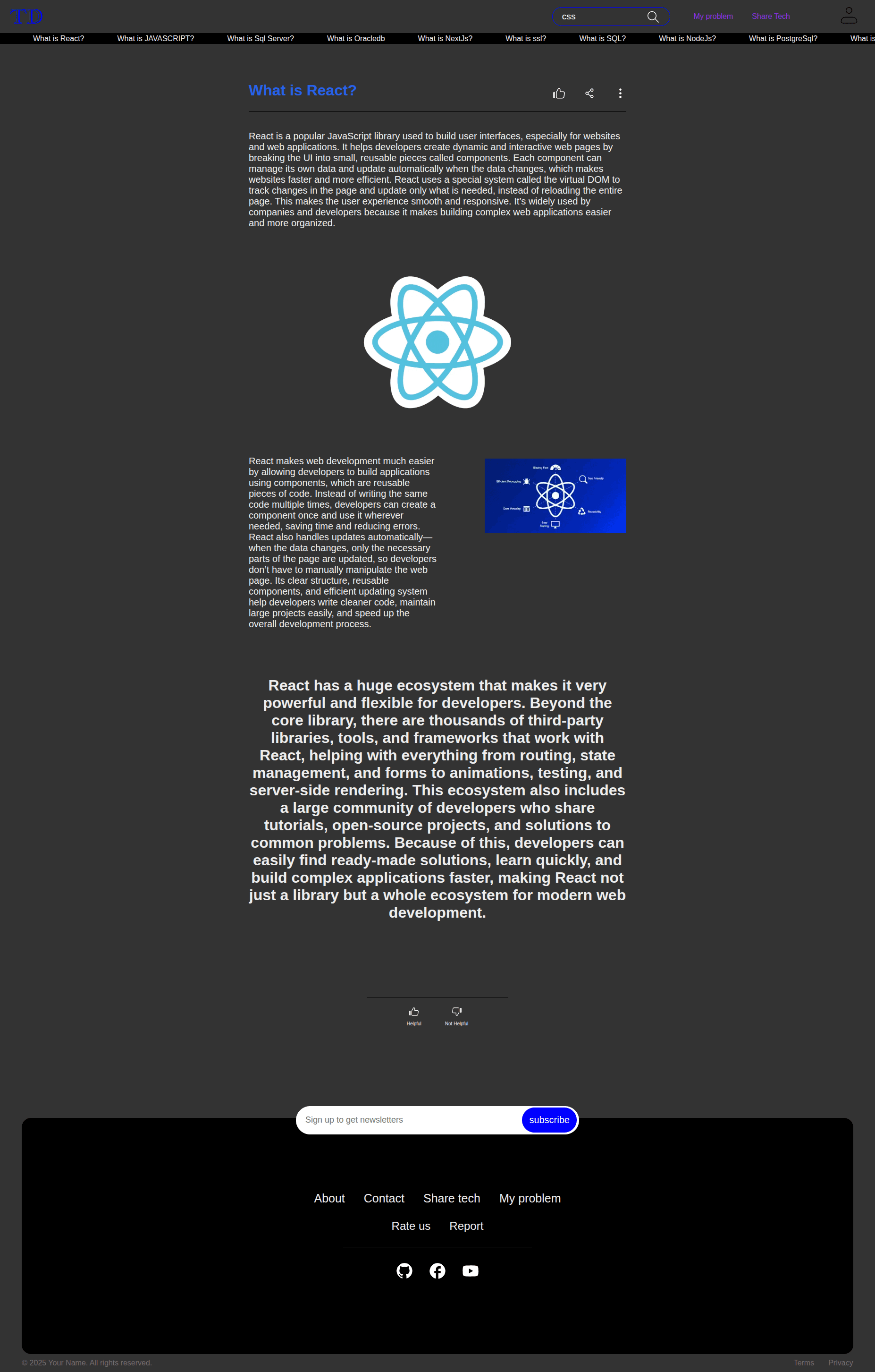 Topic page of a blog website, fully responsive and 
SEO-friendly, allowing users to share, like, suggest 
improvements, and report topics.”